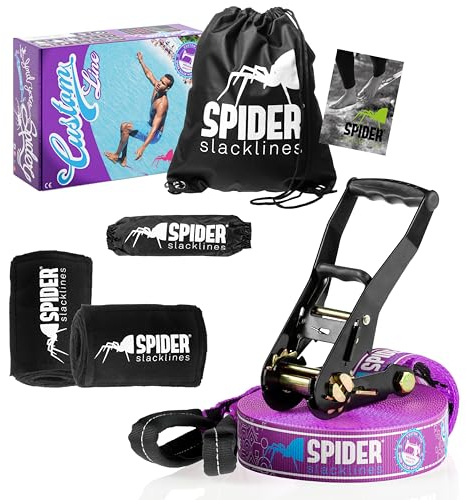 SPIDER SLACKLINE TKSA1 - Kit Slackline adulti - Kit professionale per slackliner di tutti i livelli - Fettuccia robusta da 15m con cricchetto incluso