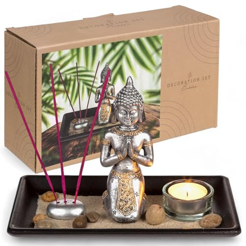 MIJOMA Set de meditación: figura de Buda en bandeja de madera negra, incluye portavelas, incienso, piedras decorativas y arena decorativa. Decoración espiritual para la paz y la armonía interior