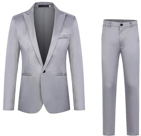 Herren-Trainingsanzug, langärmelig, solides Herren-Set, schmal, 2 Anzüge, Business, Hochzeit, Party, Jacke, Mantel und Hose, Satinjacke, grau, L
