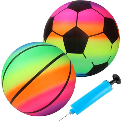 Beach Ball Set With Pump, Rainbow Ball For Kids Outdoor Games, Beach Football And Basketball Combo, 3-Piece Inflatable Sports Balls For Kids, Summer Pool & Sand Play Toys (2 Beach Balls +1 Air Pump)