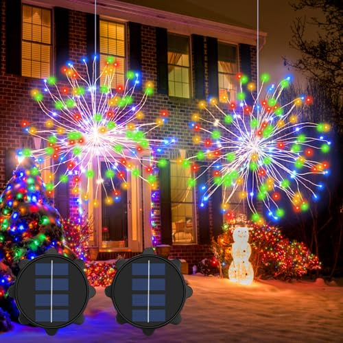 2 luci solari per esterni, fuochi d'artificio, 240 LED, alimentate a energia solare, luci da appendere, impermeabili, da appendere, luci paesaggistiche, decorazioni natalizie (multicolore)
