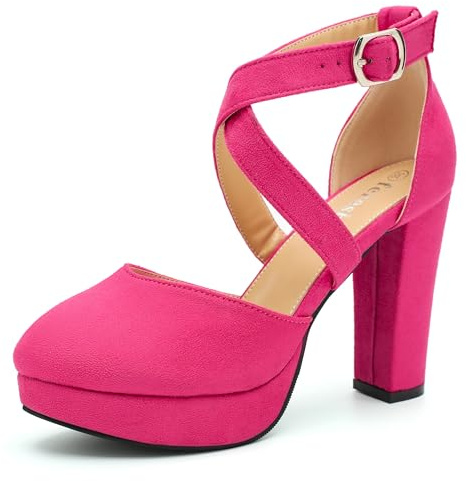 fereshte Women's Platform Pumps, Crisscross Ankle Strap, Chunky Block Heel, Closed Toe, 3.94 Inch High Heeled Dress Shoes Hot Pink Suede 39 - US 8