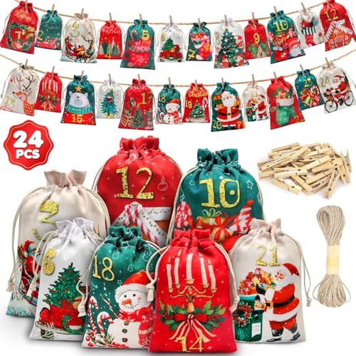 EOPUOZS Calendario de Adviento para Rellenar, 24 Calendarios Navideños para Rellenar, Calendario de Adviento Infantil 2026 con Cordel y 24 Clips, Bolsas de Tela DIY para Calendario Navideño (2 Tamaños