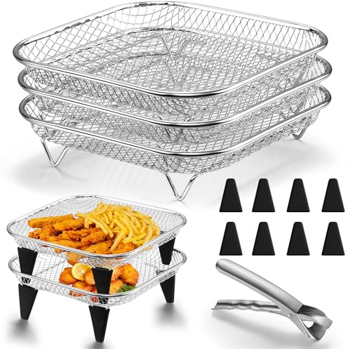 Onader Air Fryer Rack, Stainless Steel 3 Layers Air Fryer Accessories | With Anti-Scald Holder Clip & 8 Silicone Feet, Stackable Square Air Fryer Grilling Rack for Baking Roasting, Dishwasher Safe