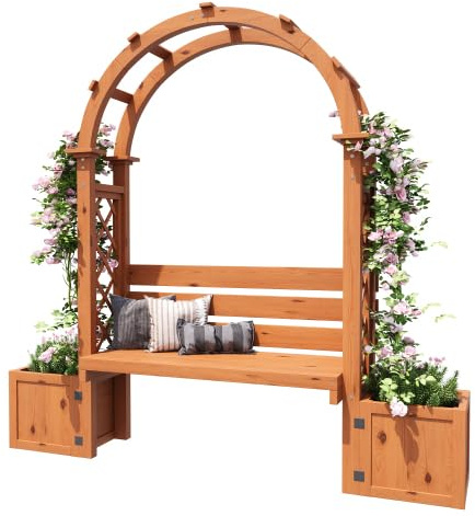 Arco per rose con vaso e panchina, fioriera in legno di abete, supporto per piante rampicanti, naturale, per giardino, terrazza, cortile