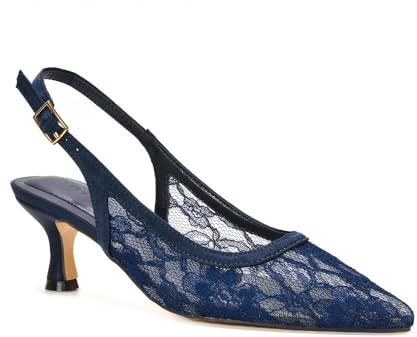 ESSEX GLAM Women's Lace Slingback Court Shoes Ladies Navy Pointed Toe Kitten Heel Evening Bridal Party Pumps Size 6