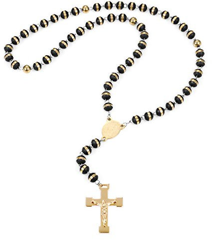 Flongo Rosenkranz Kette Männer Kette aus Edelstahl Halskette Gold Golden Schwarz mit Jesus Kreuz Anhänger Herren-Accessoires