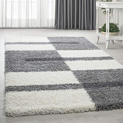 HomebyHome Hochflor Teppich Läufer 60x110 cm Hellgrau Weiche Shaggy Matte im Karierten Design Flokati für Flur, Eingangsbereich oder neben dem Bett Pflegeleicht & dekorativ