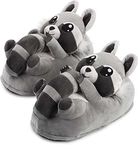 corimori 1847 - (Plusieurs Modèles) Lina Le Raton Laveur, Chaussons avec Tête d'animal, Pantoufles Mignonnes, en Peluche Polaire, Gris Clair, Taille Unique 34-44