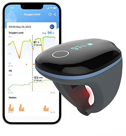 O2 Ring Pulse Oximeter with Alarm, Blood Oxygen Saturation Monitor with Bluetooth, Heart Rate Monitor, Continuously Tracking SpO2 and Heart Rate, App and PC Report, Rechargeable