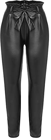 Kendindza Pantalon Simili Cuir Femme Taille Haute, Leggings Femme Jeggings Pantalon Femme Chic et élégant, Casual Pantalon Cuir Femme Sexy with tie Belt Noir, S