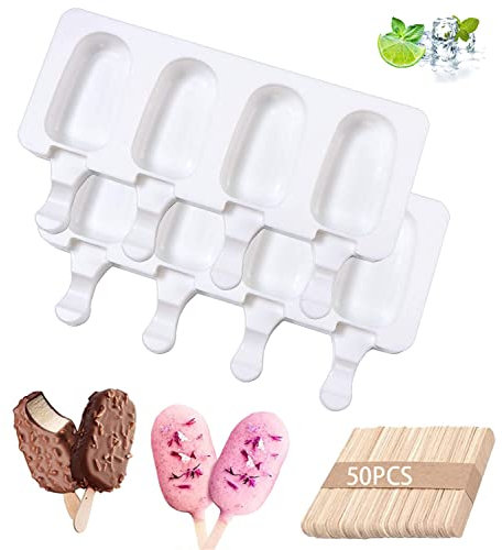Mini Stampi Per Ghiaccioli e Gelato In Silicone 2 Pezzi + 50 Pezzi Bastoncini Legno,Bpa Free, Antiaderente Stampini Riutilizzabile