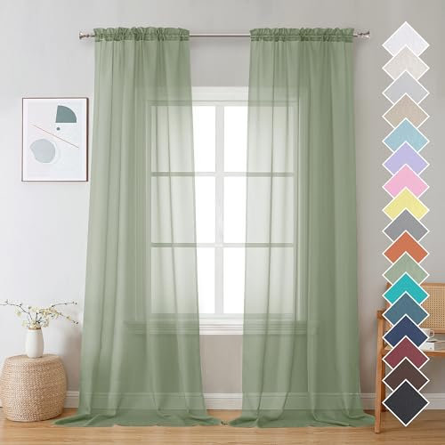 OVZME 2 Pieces Bedroom Curtains 96 Length for Farmhouse, Voile Drapes Light Airy Window Decor for Patio Door Living Room Bedroom Dining, Sage Green, Each W42 X L96 inches, 1 Pair