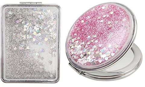 WACH AUF 2 Stücke TaschenspiegelKlappbar mit Vergrößerung, 2-Fache Vergrößerung Tragbarer Schminkspiegel Klappspiegel, Doppelseitig, Runde, Quadratische (Silber, Rosa)
