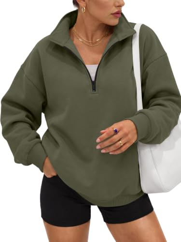 Trendy Queen Sweatshirt dam, överdimensionerade trendiga hösttröjor, med halv dragkedja, långärmad pullover, Armégrön, S