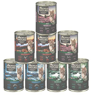 Dehner Wild Nature - Cibo per gatti Adulto, set di prove, 8 x 400 g (3,2 kg)