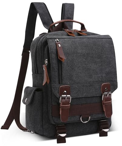 DEEVORCA Canvas Men Backpack Fashion Rucksack Convertible Shoulder Bag for 12.9 Inch iPad College Bag Casual Knapsack Work Travel Hiking Daily Camping Outdoor Vintage Mens Daypacks Black