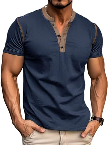Men's Casual Henley Shirts Classic Button Cotton Short Sleeve T-Shirt Summer Basic Solid Lightweight Tees Tops Navy