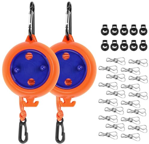 flintronic Corde à Linge Rétractable, 2 X 10m Etendoir Linge de Voyage Portable, Fil à Linge Anti-enroulement, avec 10 Boucles Fixes et 20 Pinces Coupe-Vent, pour Intérieur, Extérieur, Camping Voyage