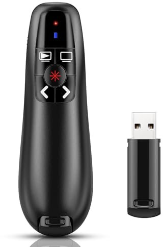 Presenter, 2.4 GHz Wireless Powerpoint Fernbedienung via USB Empfänger, Rot Pointer für Präsentationen, Präsentationsfernbedienung für Windows und Mac/PowerPoint/Keynote/Google Slides/PDF