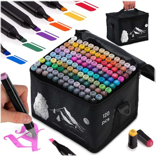 Nukido Lot de 120 marqueurs à alcool avec pochette double face étanches