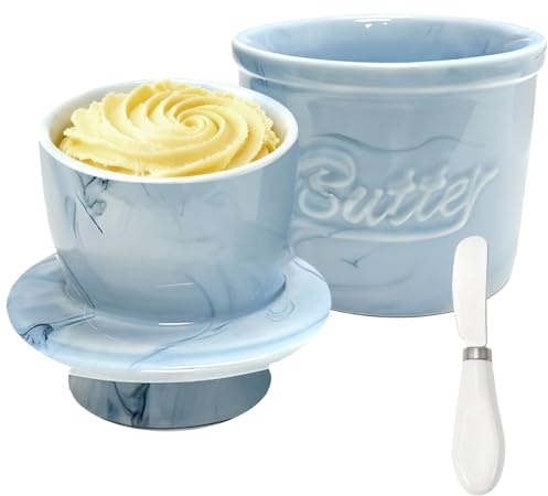 Mantequillera Francesa Con Tapa, Mantequera Francesa Con Cuchillo, Mantequera de Cerámica, Mantequilla Agua Refrigerado, Butter Dish para Guardar Mantequilla Fresca (Mármol Azul Negro, 6 oz)