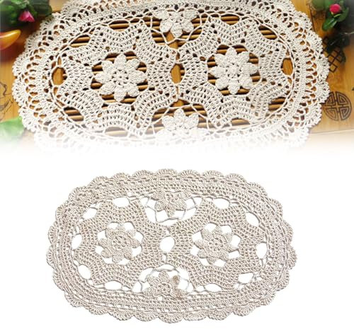 Geklöppelt Handgehäkelte Tischläufer, Oval Baumwolle Placemat, Vintage Spitzen Tischdecke, Mesh Häkelspitze Tischdecke für Küche und Abendessen (Beige (30 x 60 cm))