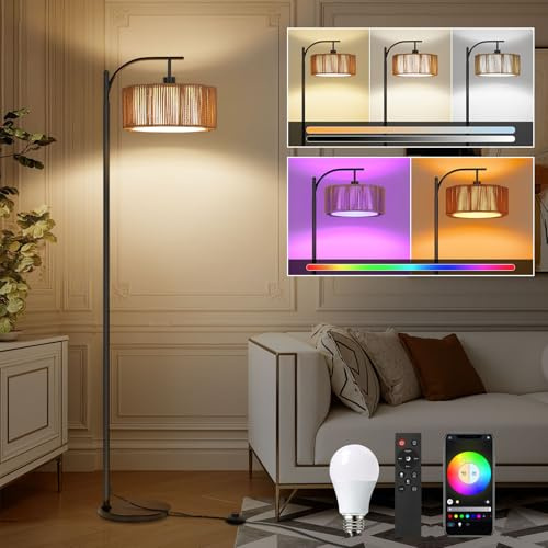 Winverty Lámpara de Pie RGB Regulable con APP y Mando a Distancia, Lámpara de Pie Inteligente Ratán Boho con Temporizador, Modo Música y DIY, Bombilla E27 Incluida, para Salón Dormitorio Oficina