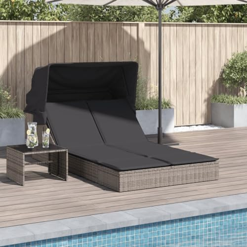 IKAYAA Cama de Ratán para Patio con Capota, Tumbona Doble de Ratán, Sofá Cama Doble para Jardín, Patio Trasero, Porche, Césped, Gris
