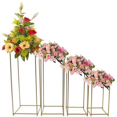4 soportes de metal para flores, columna de flores, decoración de mesa, soporte para plantas, rectangular, soporte para jarrón, taburete para flores, geométrico, decoración de boda, decoración de boda