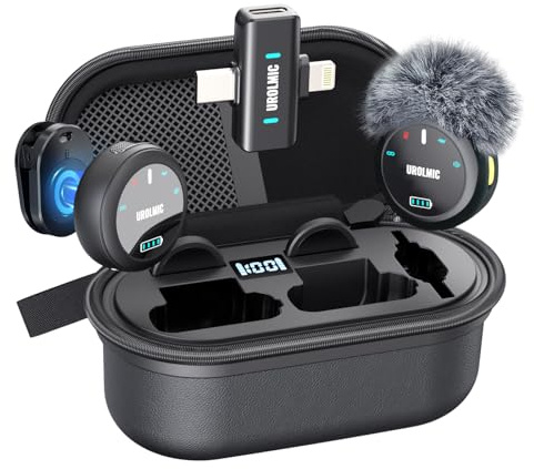 UROLMIC Micrófono Inalámbrico 2 en 1 para iPhone y Android, 40h Batería, 55m Alcance, Cancelación de Ruido, Micrófono de Solapa con Imán para Grabación