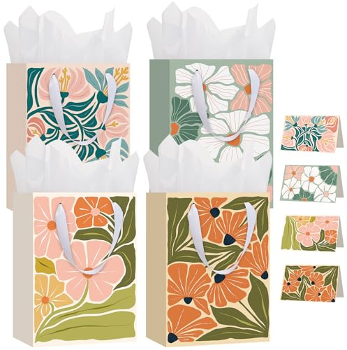 woric 4 Pcs Clash Flowers Gift Bags for Presents, 27 * 20 * 12cm | Medium Paper Gift Bag with 8 Tissue Paper & 4 Greeting Cards Birthday Gift Bag for Party Wedding Bridal Shower Baby Shower