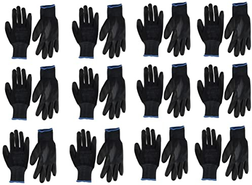 12,24 Pairs PU Coated Black Nylon Work Gloves. Gardening, Builders, Mechanic (12 Pairs- Size XL(10))