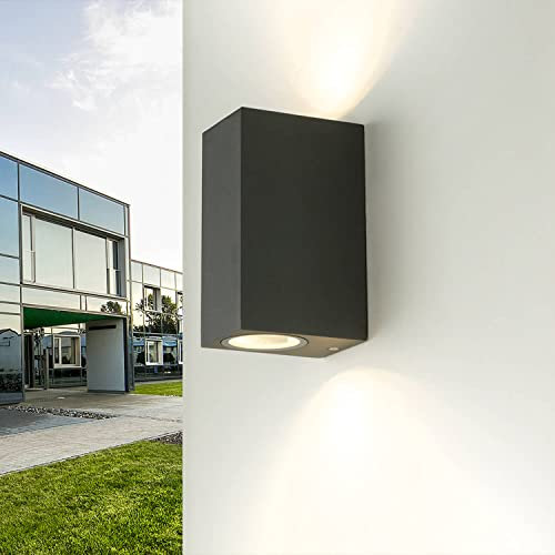 Licht-Erlebnisse Aplique de exterior AALBORG con diseño moderno Up Down en aluminio antracita 2 x GU10 IP44 Lámpara de pared para jardín, balcon