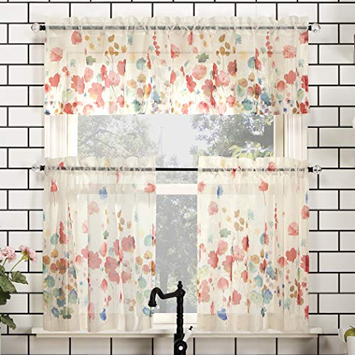No. 918 Rosalind Watercolor Floral Semi-Sheer Rod Pocket Kitchen Curtain Valance and Tiers Set, 54 x 24, Poppy Red