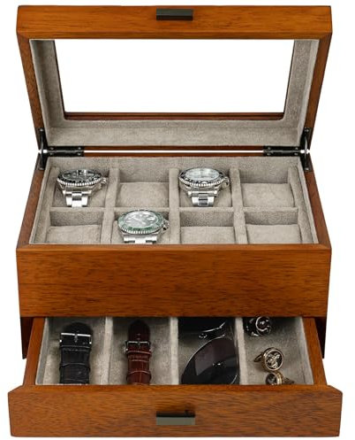 Caja de madera para relojes con cajón Valet – Vitrina de madera maciza para relojes de hombre grandes | cómoda organizador con almacenamiento para joyas, gafas de sol y correa de reloj