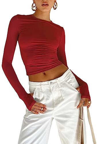Geagodelia T-Shirt Femme Slim Moulant à Manches Longues Haut Court Crop Top Sexy Chic Couleur Uni (Rouge B, S)