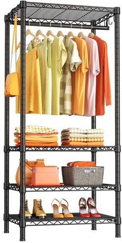 Ulif H4 Mini Portable Closet, 4 Tiers Freestanding Clothing Garment Rack for Small Space, Metal Clothes Wardrobe System for Bedroom, 23.6 W x 14 D x 76.4 H, Load 502 lbs, Black