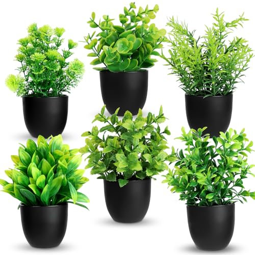 JOLIGAEA 6 Stück Künstliche Pflanzen, Künstliche Pflanzen im Topf, Künstliche Pflanzen Plastik, Kunstblumen im Topf, Kunststoff Gefälschte Pflanzen für Home Badezimmer Büro Tabelle Dekoration