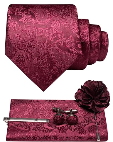 JEMYGINS Corbata de cachemir para hombre con pañuelo de bolsillo, pasador de corbata, broche floral y gemelos, M