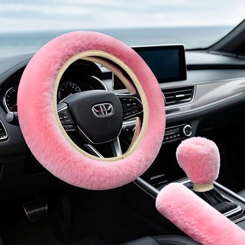 3Pcs Elastic Steering Wheel Protector Set,Steering Wheel Cover,Handbrake Cover,Gear Shift Cover,Fluffy Soft Anti-Slip Steering Wheel Covers,Universal 38cm Pink Cute Car Accessories for Women Girls