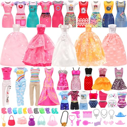 58 Piezas para Muñecas De 11,5 Pulgadas Y 30 Centímetros: 2 Vestidos De Novia + 2 Ropas + 2 Pantalones + 2 Trajes de baño + 12 Vestidos De Moda + 10 PCS (20) Zapatos + 18 Accesorios