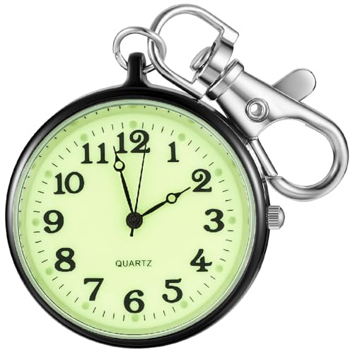 Realpoo Luminous Black Yellow Stainless Steel Quartz Pocket Watch for Men, Ultra-Thin Arabic Digital Dial, Key Chain- Black Yellow
