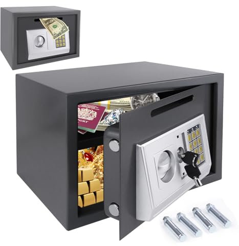 16L Home Digital Safe Electronic Cabinet Safes Cash Box Wall Safes with Key, High Security Home Safe Steel Construction, Fireproof Electronic Password Cabinet for Office, Hotel, 35*24.8*25cm, Grey