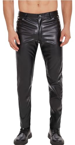 Ausing Latex byxor herr långa konstläderbyxor casual stretch slim fit byxor läder bikerbyxor med fickor wetlook kostym rave party disco kläder klubbkläder, svart, XL