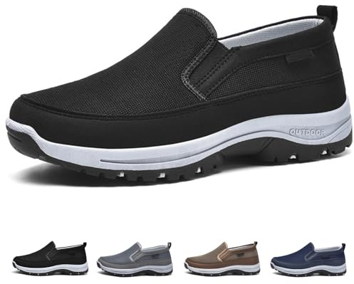 Chaussures Orthowalkway for Homme, Mocassins orthopédiques en Toile avec Soutien de la voûte Plantaire, Chaussures de randonnée décontractées for l'extérieur(Black,47 EU)