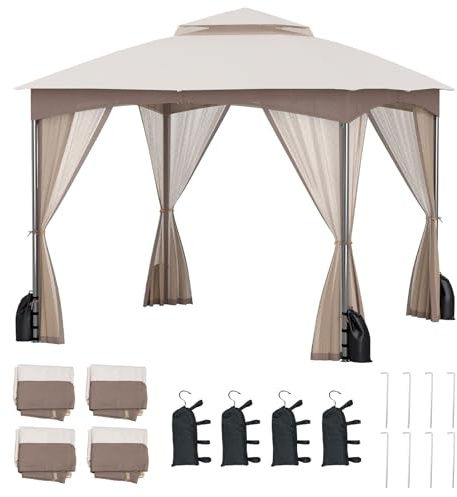 COSTWAY Carpas para Exteriores 3 x 3m, Cenadores para Jardin con 4 Mosquiteras Laterales, Cremallera, Techo Doble, 4 Sacos de Arena, Pabellón Exteriores Patio Césped (café)