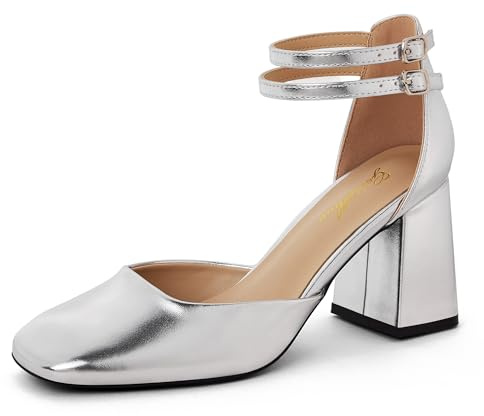 GENSHUO Escarpins à Talon Bloc pour Femme, Bride Cheville Double, Bout Carré, Talons Élégants et Confortables pour Tenue Habillée, Argent Mat, 38 EU