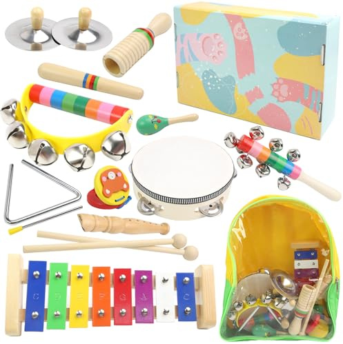 Strumenti Musicali Bambini 1-5 Anno, Giocattoli Montessori,Strumenti Musicali Percussioni in Legno Color Arcobaleno con Custodia Trasparente