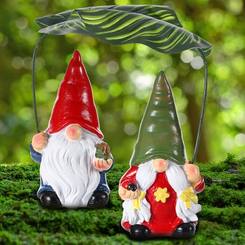 2PCS Garden Gnomes Statue Outdoor with Leaf Umbrella, Resin Gnome Figurine Ornaments Decoration for Indoor Outdoor Xmas Home Patio Yard Lawn